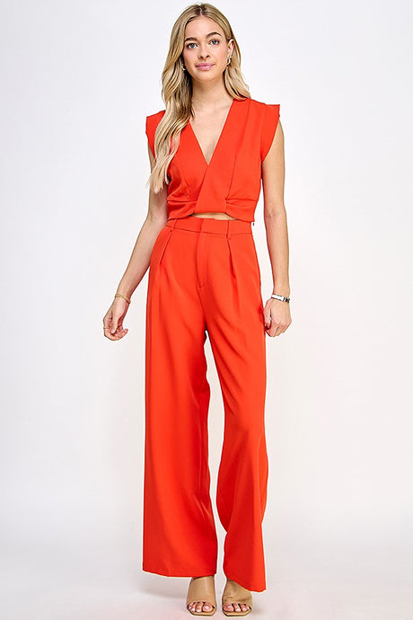 Tomato Band Sleeve Surplice Top With Pants Set