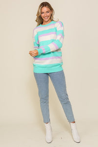 Lavender Combo Long Sleeve Round Neck Striped Over Sized Sweater