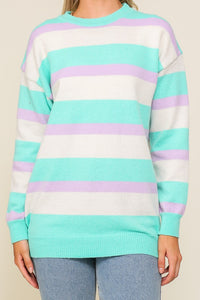 Lavender Combo Long Sleeve Round Neck Striped Over Sized Sweater