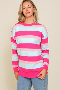 Pink Combo Long Sleeve Round Neck Striped Over Sized Sweater