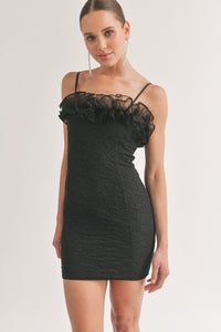 Black Textured Ruffled Tulle Body Con Mini Dress