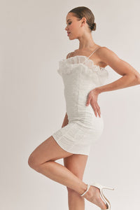 Off White Textured Ruffled Tulle Body Con Mini Dress