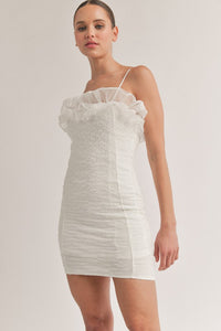 Off White Textured Ruffled Tulle Body Con Mini Dress