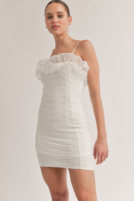 Off White Textured Ruffled Tulle Body Con Mini Dress