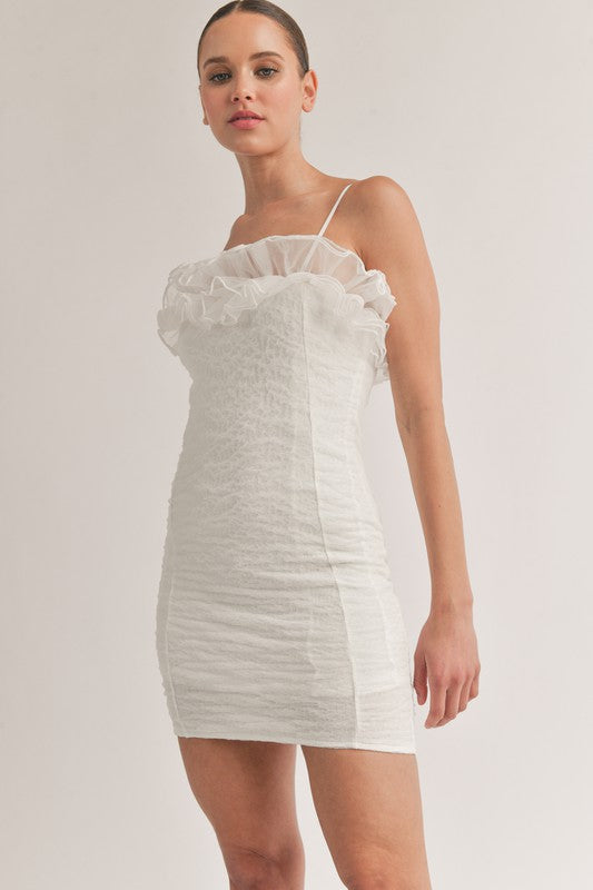 Off White Textured Ruffled Tulle Body Con Mini Dress