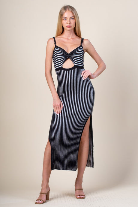 Black Striped Pattern Cut Out Slit Hem Sweater Dress