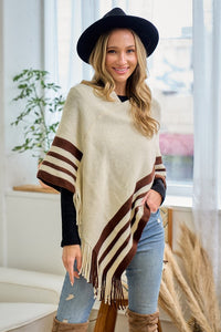 Beige Sweater Beige Solid Poncho With Fringe
