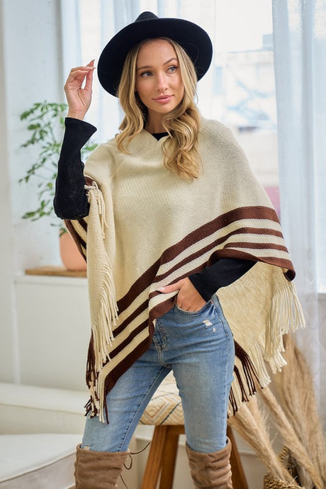 Beige Sweater Beige Solid Poncho With Fringe