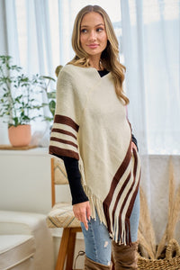 Beige Sweater Beige Solid Poncho With Fringe