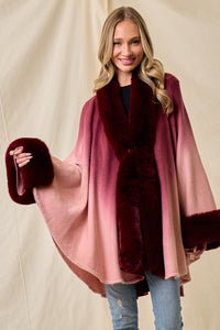 Wine Faux Fur Trim Ombre Cape
