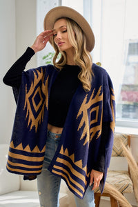 Navy/Mustard Sweater Shawl Wrap with Aztec Pattern
