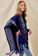 Blue/Multi Sweater Shawl Wrap With Aztec Pattern
