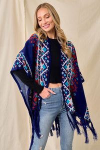 Blue/Multi Sweater Shawl Wrap With Aztec Pattern