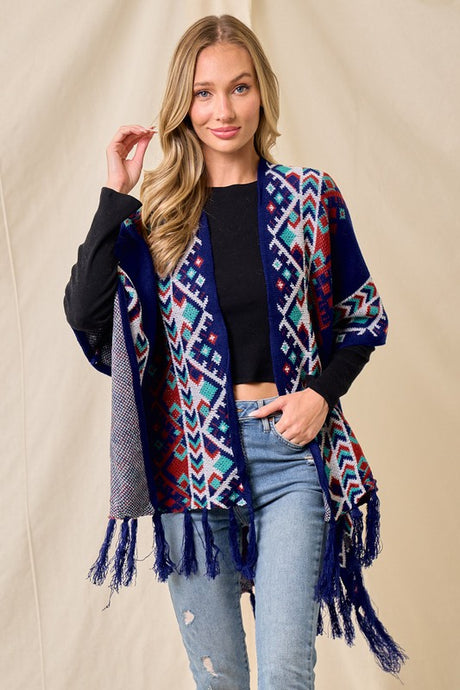 Blue/Multi Sweater Shawl Wrap With Aztec Pattern