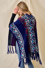 Blue/Multi Sweater Shawl Wrap With Aztec Pattern