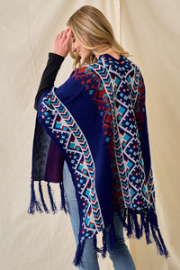 Blue/Multi Sweater Shawl Wrap With Aztec Pattern