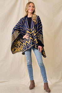 Navy/Mustard Sweater Shawl Wrap with Chevron Pattern