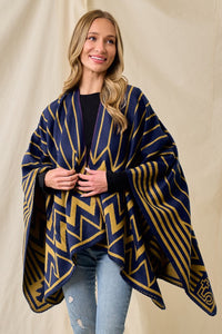 Navy/Mustard Sweater Shawl Wrap with Chevron Pattern