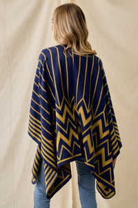 Navy/Mustard Sweater Shawl Wrap with Chevron Pattern