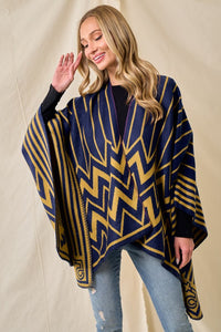 Navy/Mustard Sweater Shawl Wrap with Chevron Pattern