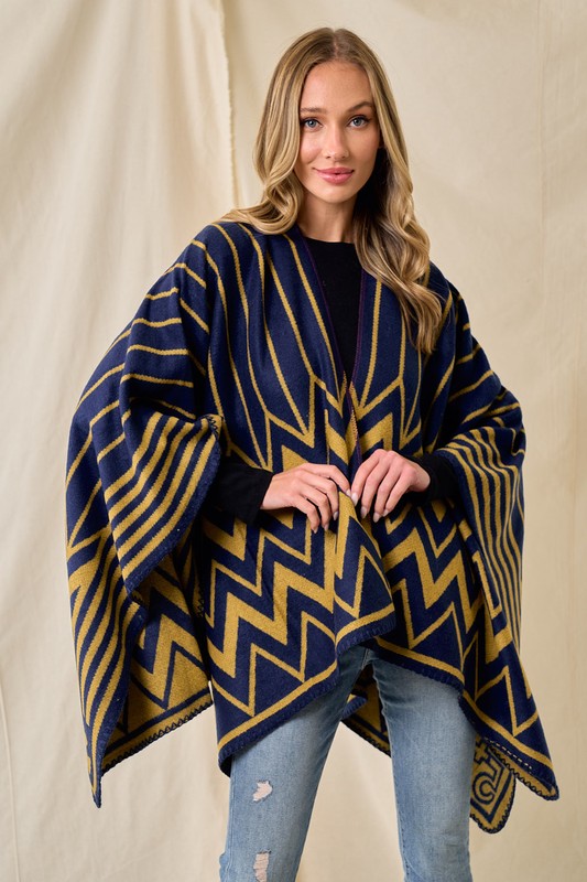 Navy/Mustard Sweater Shawl Wrap with Chevron Pattern