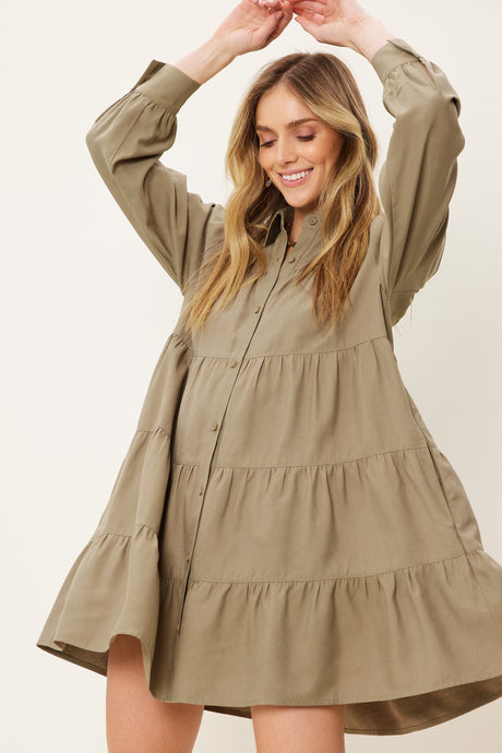 Lt.Olive Button Down Tiered Shirt Mini Dress