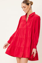Red Button Down Tiered Shirt Mini Dress