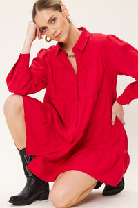 Red Button Down Tiered Shirt Mini Dress