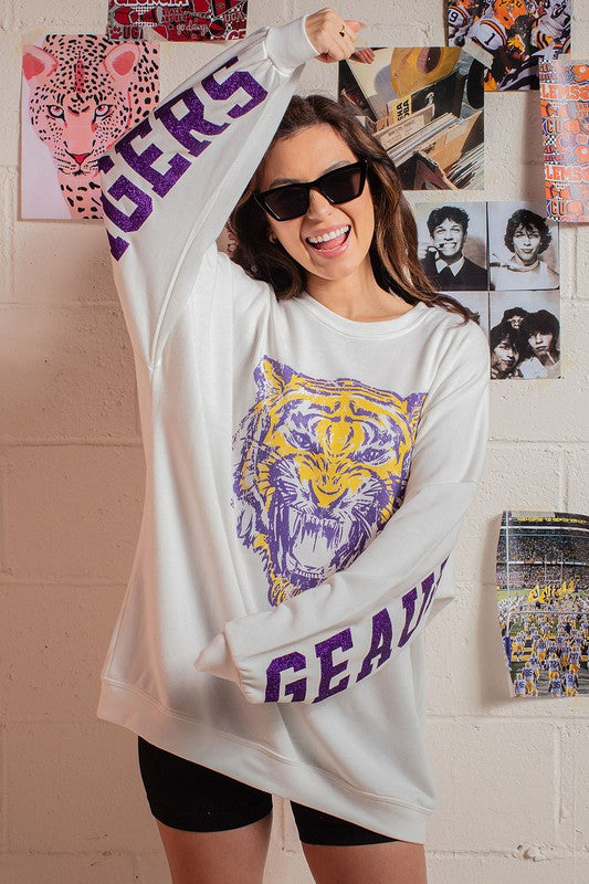 White Glitter Geaux Tigers Graphic Oversized Sweatshirt