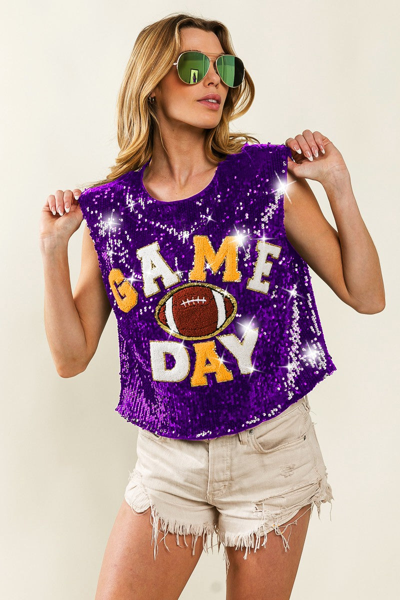 Purple/Mustard Game Day And Football Patches Sequin Top