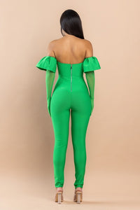 Green Bandage Puff Glove Jumpsuit
