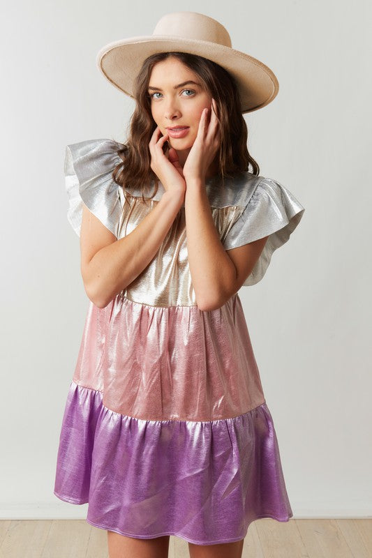 Pink/Lavender Multi Shiny Color Block Babydoll Mini Dress