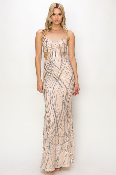 Silver/Nude Sequin Sweetheart Cut Out Maxi Dress