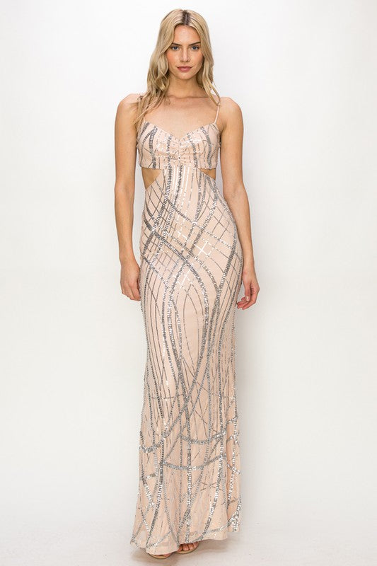 Silver/Nude Sequin Sweetheart Cut Out Maxi Dress