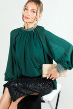 Hunter Green Rhinestone Detail Blouse Top