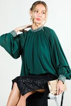 Hunter Green Rhinestone Detail Blouse Top