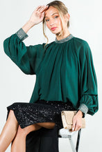 Hunter Green Rhinestone Detail Blouse Top