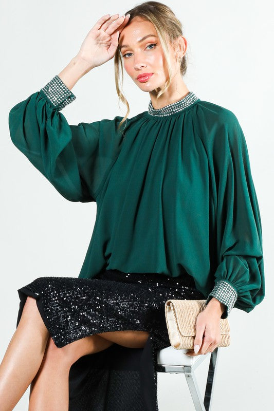 Hunter Green Rhinestone Detail Blouse Top