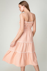 Orange Sleeveless Halter Neck Stripe Tiered Midi Dress