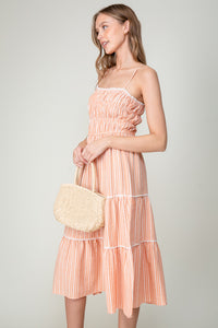 Orange Sleeveless Halter Neck Stripe Tiered Midi Dress