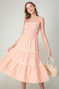Orange Sleeveless Halter Neck Stripe Tiered Midi Dress