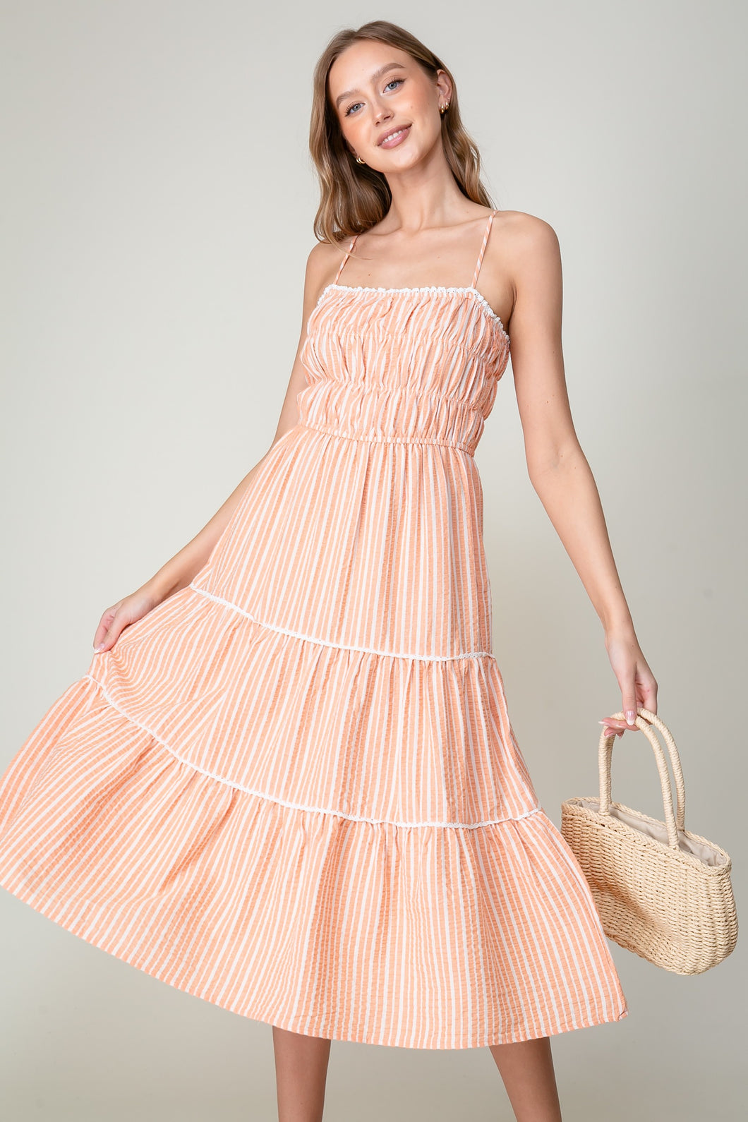Orange Sleeveless Halter Neck Stripe Tiered Midi Dress