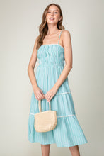Turquoise Sleeveless Halter Neck Stripe Tiered Midi Dress
