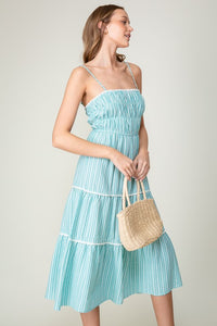 Turquoise Sleeveless Halter Neck Stripe Tiered Midi Dress