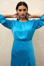 Azure Blue Midi Sleeve Front Slit Dress