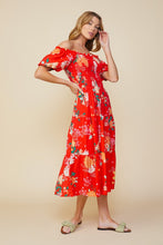 Coral Red Floral Print Smocked Off Shlder Dress