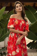 Coral Red Floral Print Smocked Off Shlder Dress