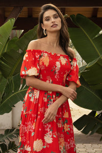 Coral Red Floral Print Smocked Off Shlder Dress