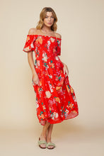 Coral Red Floral Print Smocked Off Shlder Dress