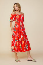 Coral Red Floral Print Smocked Off Shlder Dress